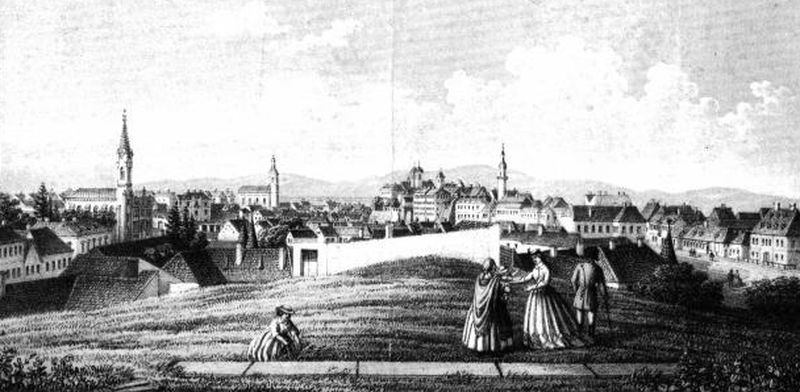 A város látképe délről, a Kálvária-dobról, 19. század utolsó negyede. Adam Slowikowsky (Korompay Gy.: Veszprém. 53. kép)